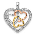 Sterling Silver Rhodium w/White, Yellow, & Rose Gold Plating Diamond Heart Pendant, 0.032 ct, 22.5 x 19.5 mm