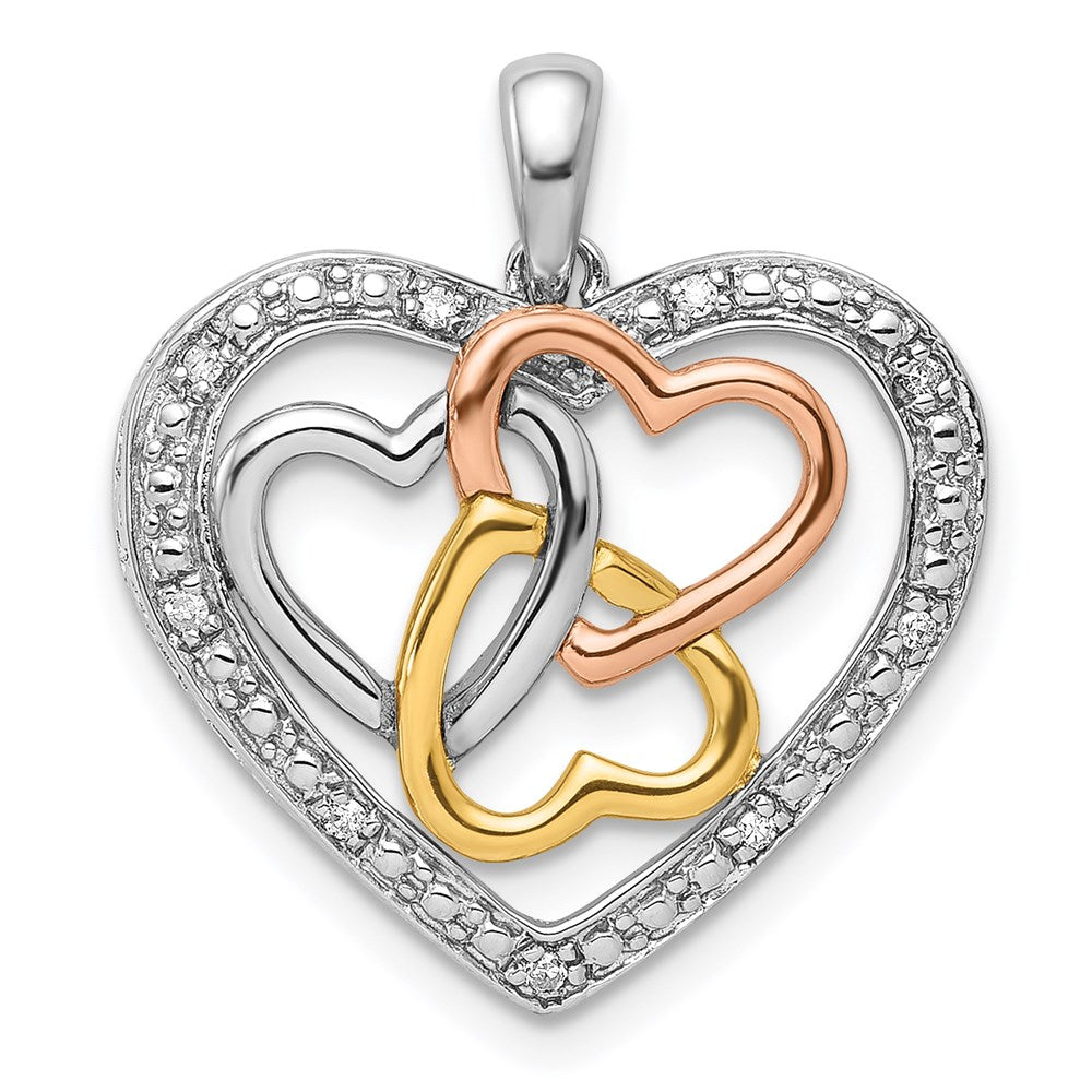 Sterling Silver Rhodium w/White, Yellow, & Rose Gold Plating Diamond Heart Pendant, 0.032 ct, 22.5 x 19.5 mm