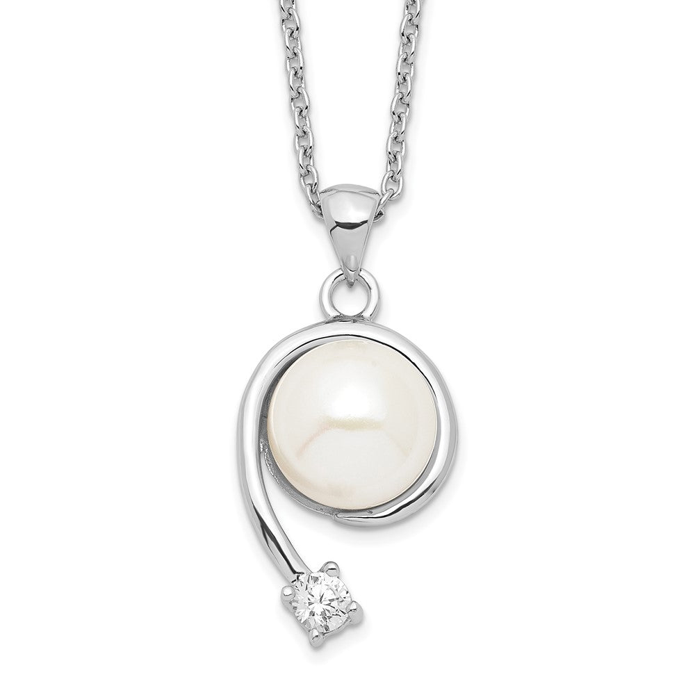 Sterling Silver Rhodium-plated 8-9mm White Button Freshwater Cultured Pearl and CZ 17 inch Necklace, 17 x 12 mm