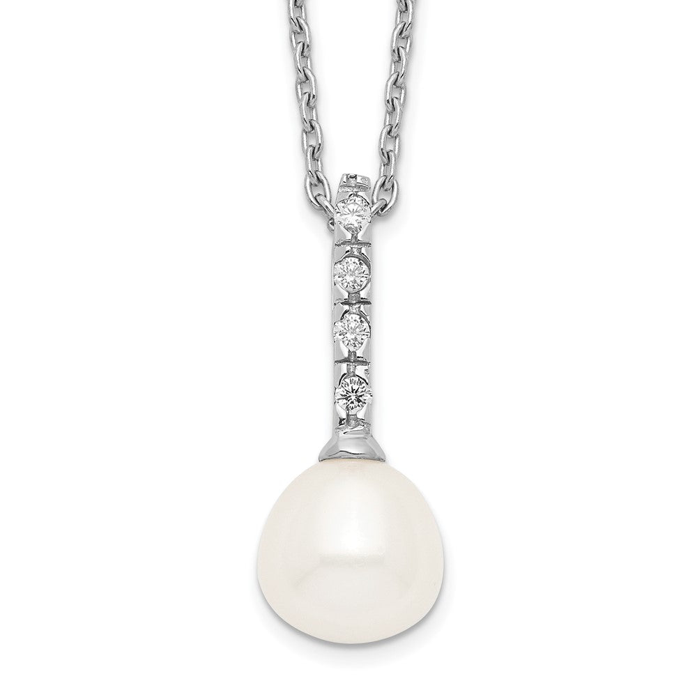 Sterling Silver Rhodium-plated 7-8mm White Teardrop Freshwater Cultured Pearl and CZ 17 inch Necklace, 17 mm