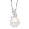 Sterling Silver Rhodium-plated 9-10mm White Button Freshwater Cultured Pearl and CZ 17 inch Necklace, 17 mm
