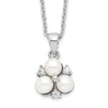 Sterling Silver Rhodium-plated 5-6mm White Button Freshwater Cultured 3-Pearl and CZ 17 inch Necklace, 17 x 12 mm