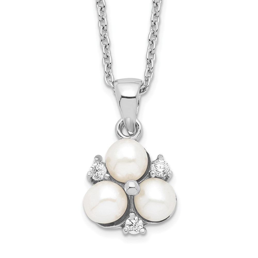 Sterling Silver Rhodium-plated 5-6mm White Button Freshwater Cultured 3-Pearl and CZ 17 inch Necklace, 17 x 12 mm