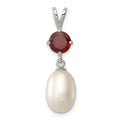 Sterling Silver Rhodium-plated 8-9mm White Teardrop Freshwater Cultured Pearl and 1.00GA Garnet Pendant, 28 x 8 mm