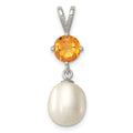 Sterling Silver Rhodium-plated  8-9mm White Teardrop Freshwater Cultured Pearl and .75CI Citrine Pendant, 28 x 8 mm
