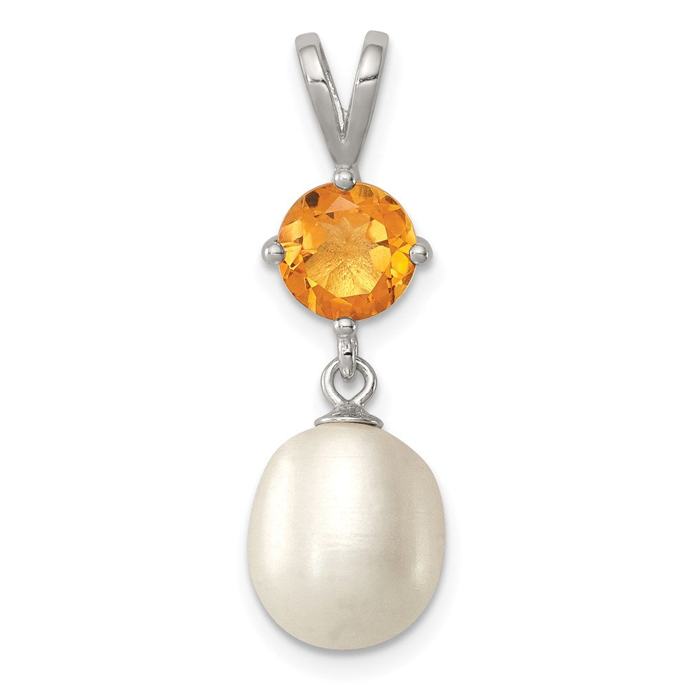 Sterling Silver Rhodium-plated  8-9mm White Teardrop Freshwater Cultured Pearl and .75CI Citrine Pendant, 28 x 8 mm