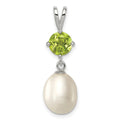 Sterling Silver Rhodium-plated 8-9mm White Teardrop Freshwater Cultured Pearl and .90PE Peridot Pendant, 28 x 8 mm