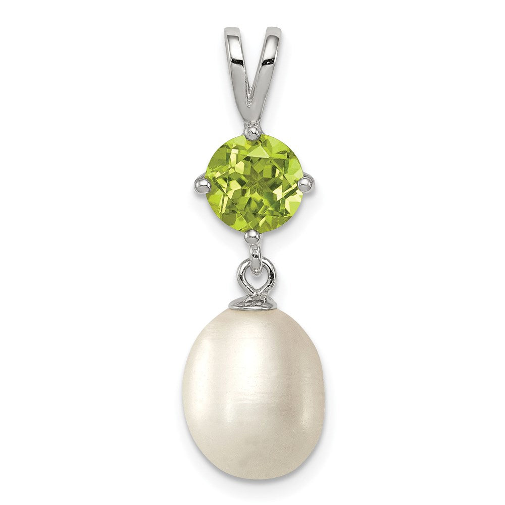 Sterling Silver Rhodium-plated 8-9mm White Teardrop Freshwater Cultured Pearl and .90PE Peridot Pendant, 28 x 8 mm