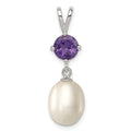Sterling Silver Rhodium-plated 8-9mm White Teardrop Freshwater Cultured Pearl and .75AM Amethyst Pendant, 28 x 8 mm
