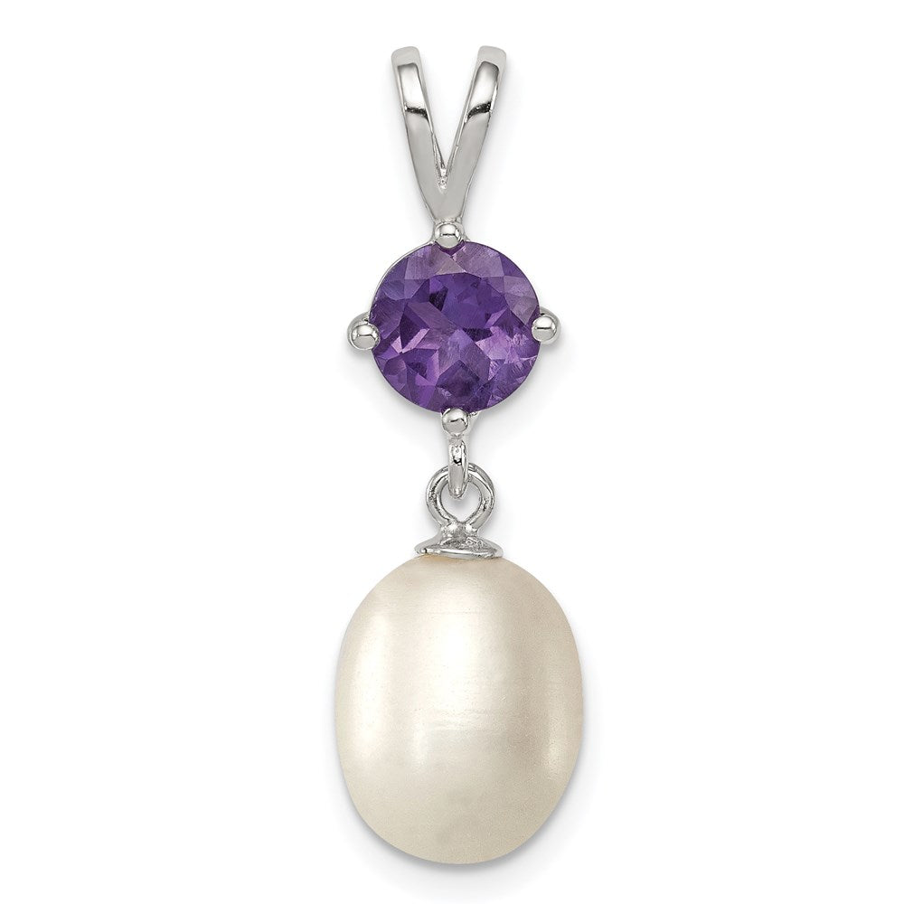 Sterling Silver Rhodium-plated 8-9mm White Teardrop Freshwater Cultured Pearl and .75AM Amethyst Pendant, 28 x 8 mm