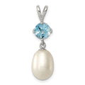 Sterling Silver Rhodium-plated 8-9mm White Teardrop Freshwater Cultured Pearl and 1.05BT Blue Topaz Pendant, 28 x 8 mm