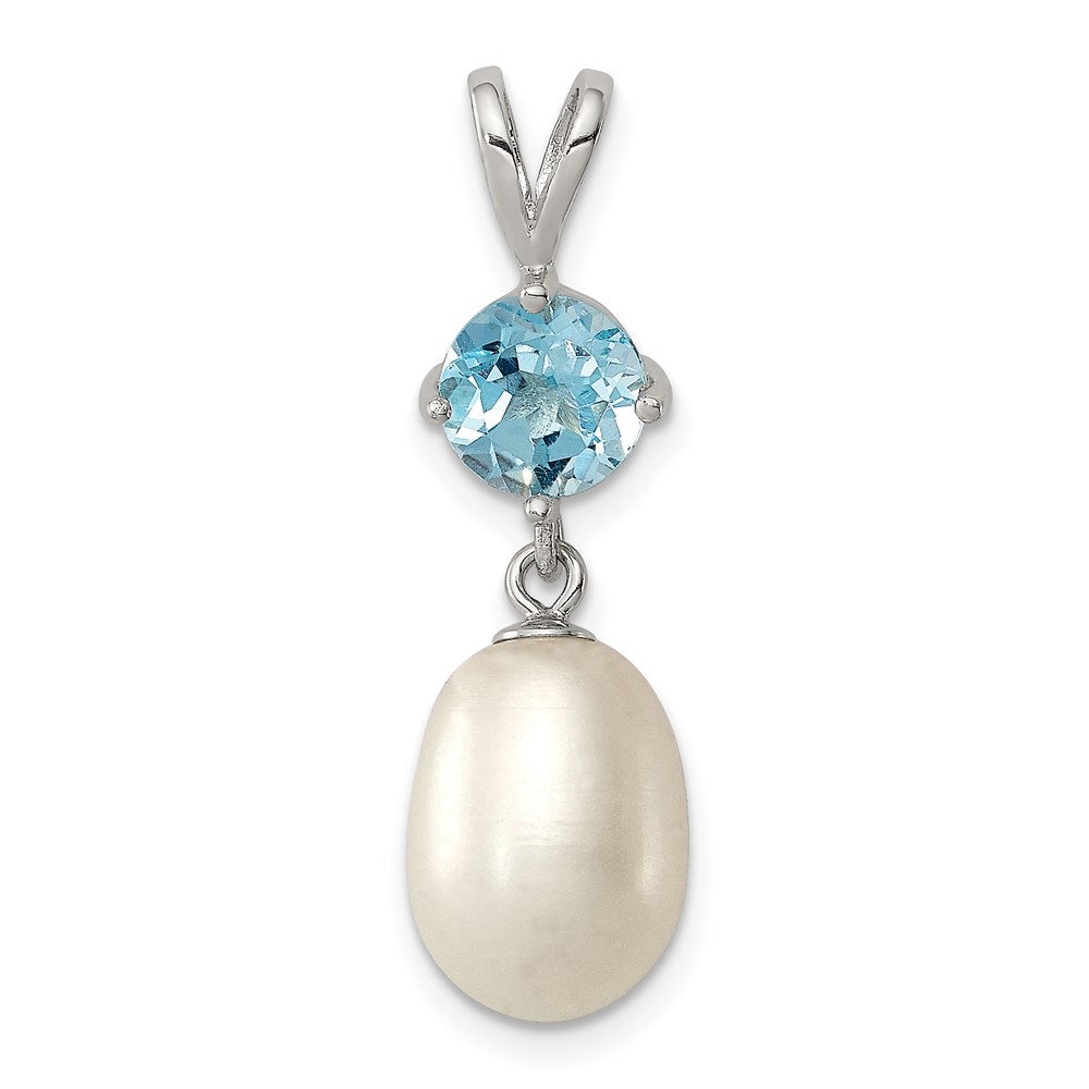 Sterling Silver Rhodium-plated 8-9mm White Teardrop Freshwater Cultured Pearl and 1.05BT Blue Topaz Pendant, 28 x 8 mm