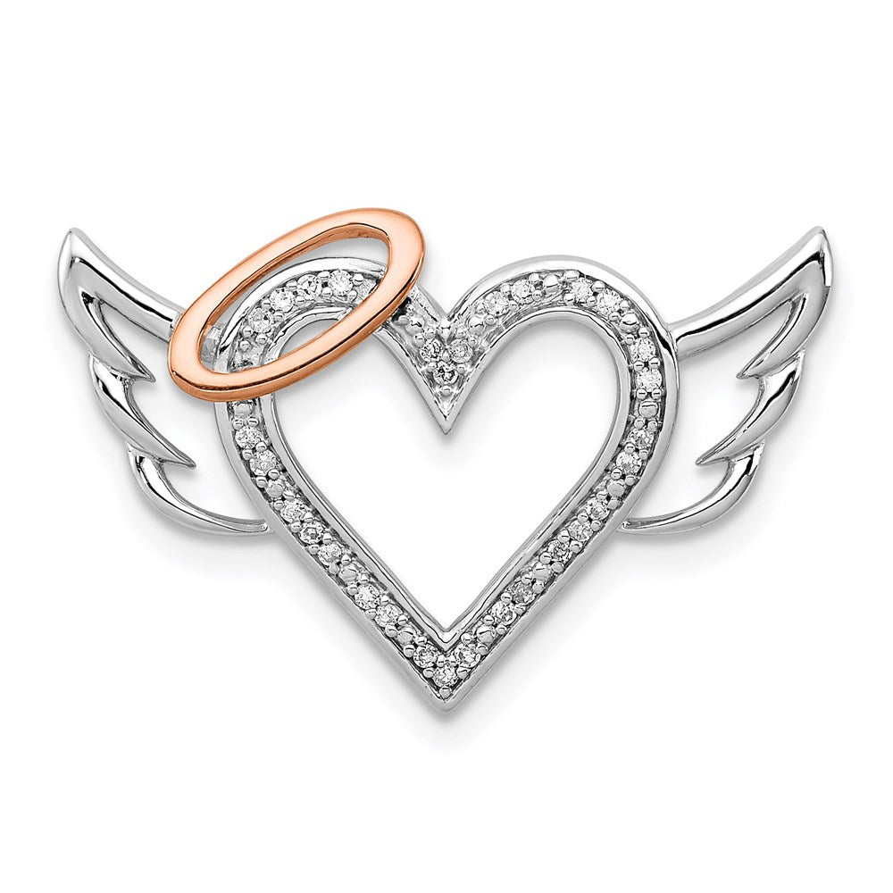 Sterling Silver Rhodium W/10K Rose Gold Dia. Heart/Wings Slide Pendant, 0.087 ct, 17 x 25 mm