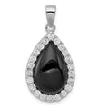 Sterling Silver Rhodium-plated CZ and Onyx Tear drop Pendant, 28 x 14 mm