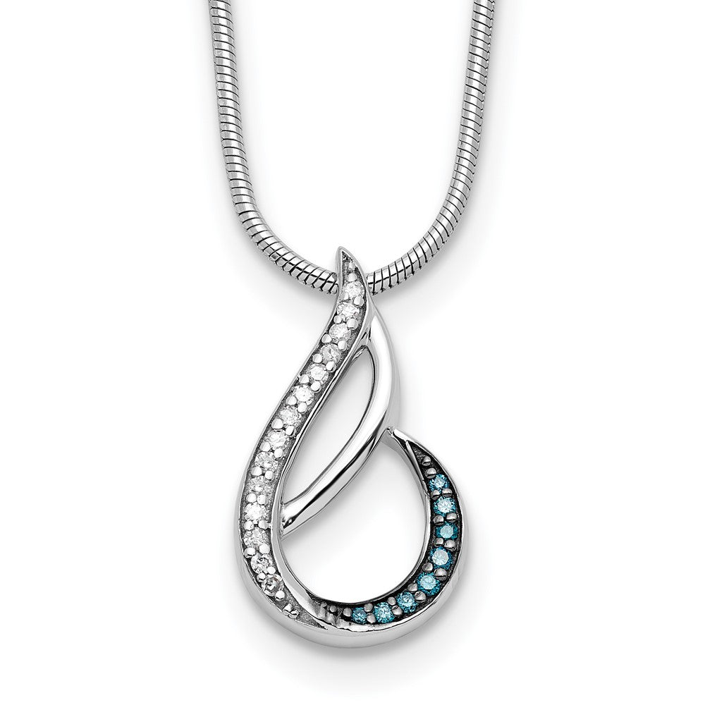 White Night Sterling Silver Rhodium-plated Blue and White Diamond Teardrop 18 Inch Necklace with 2 Inch Extender, 0.084 ct, 18 x 10 mm