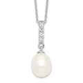 Sterling Silver Rhodium-plated 8-9mm White Teardrop Freshwater Cultured Pearl and CZ 17 inch Necklace, 17 x 9 mm