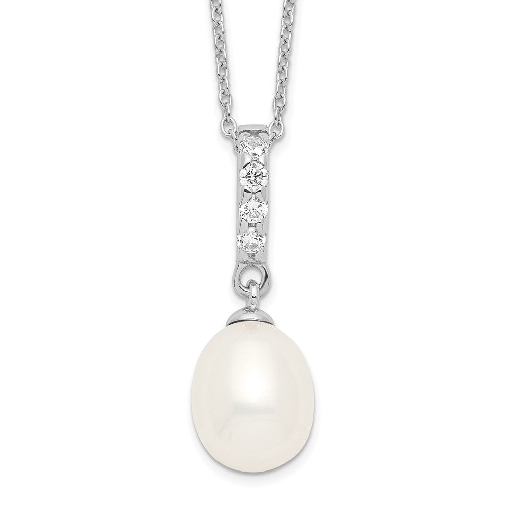 Sterling Silver Rhodium-plated 8-9mm White Teardrop Freshwater Cultured Pearl and CZ 17 inch Necklace, 17 x 9 mm