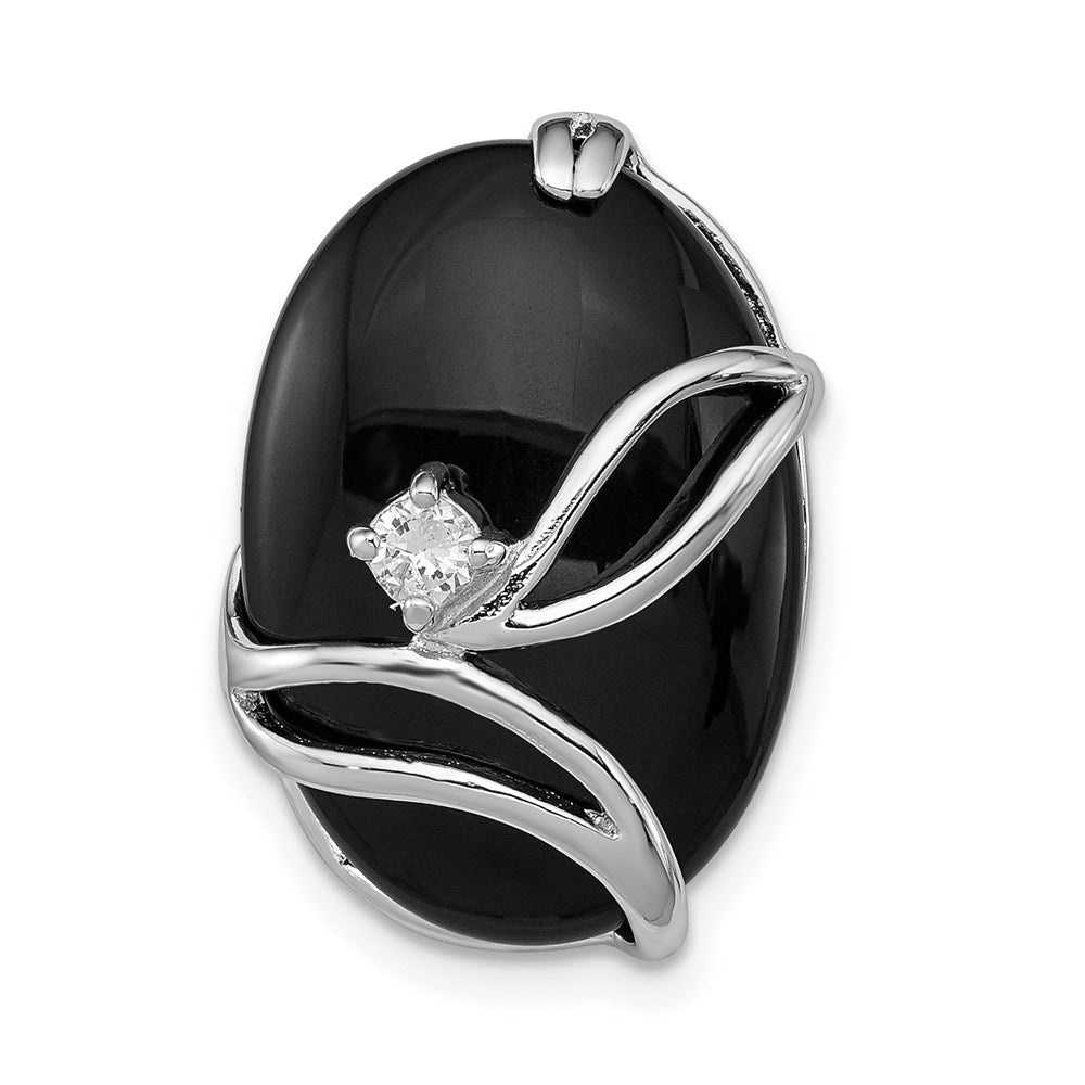 Sterling Silver Rhodium Plated Onyx and CZ Slide, 22 x 15 mm