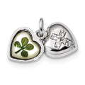 Sterling Silver Platinum Plate Leaf Clover Epoxy & Shell CZ Heart Charm, 18.31 x 12 mm