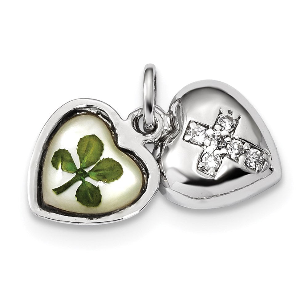 Sterling Silver Platinum Plate Leaf Clover Epoxy & Shell CZ Heart Charm, 18.31 x 12 mm