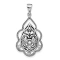 Sterling Silver Polished & Antiqued CZ Fleur de Lis Teardrop Pendant, 35.85 x 18.15 mm