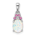 Sterling Silver Rhod-plate Dia. Cr.Pink Sapp. Simulated Opal Pendant, 0.865 ct, 18 x 6 mm