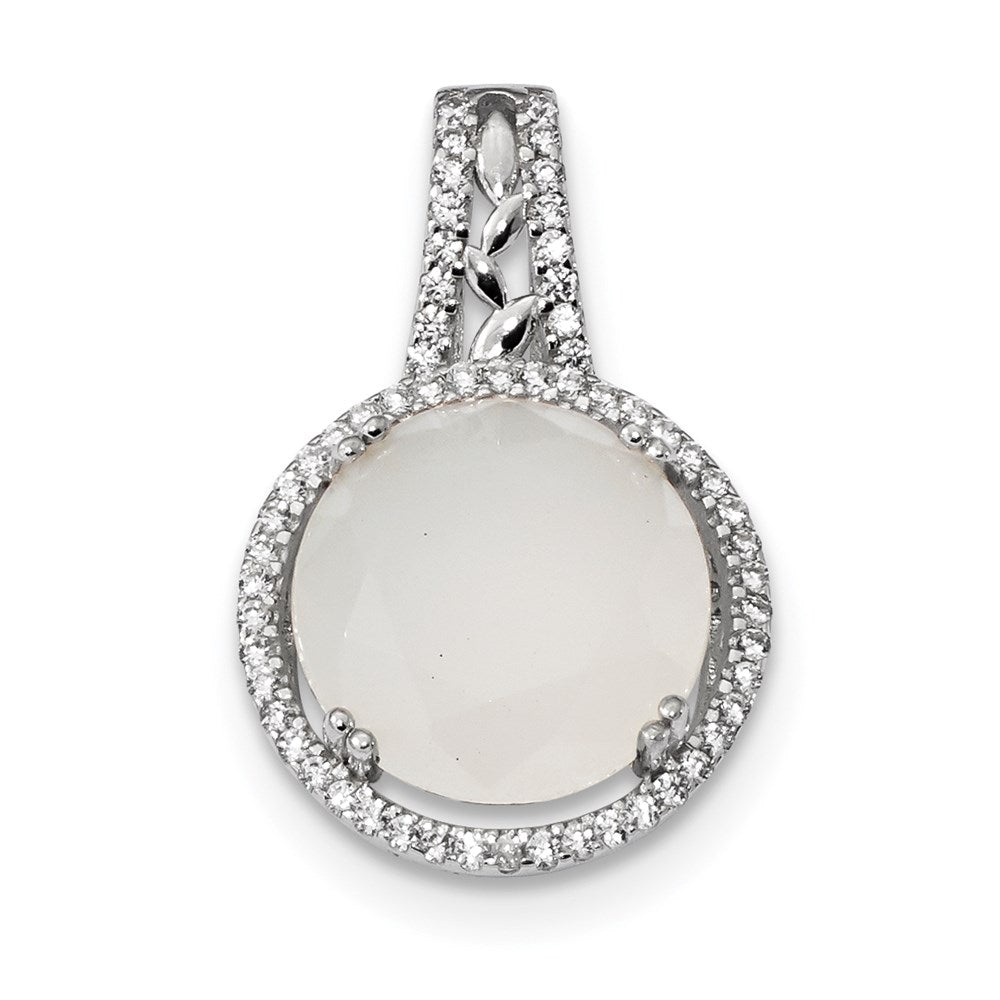 Sterling Silver Rhodium-plated CZ & Milky White Glass Stone Pendant, 28 x 18 mm
