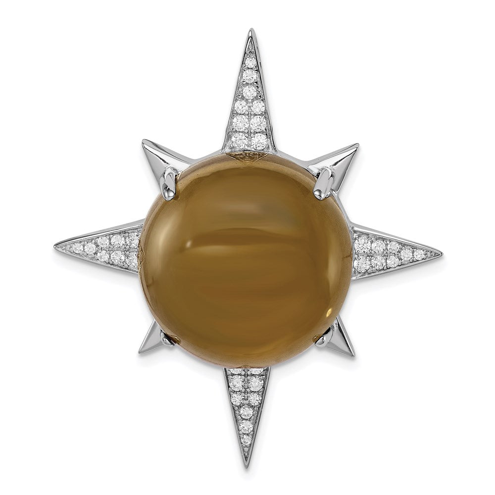 Sterling Silver Rhodium-plated Brown Glass & CZ Sunburst Chain Slide, 41.4 x 36.4 mm