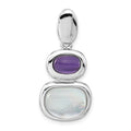 Sterling Silver Rhodium-plated Purple Crystal & White Mother of Pearl Chain Slide Pendant, 32 x 14.8 mm