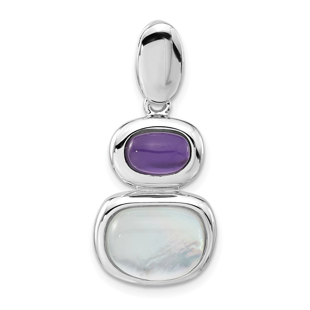 Sterling Silver Rhodium-plated Purple Crystal & White Mother of Pearl Chain Slide Pendant, 32 x 14.8 mm