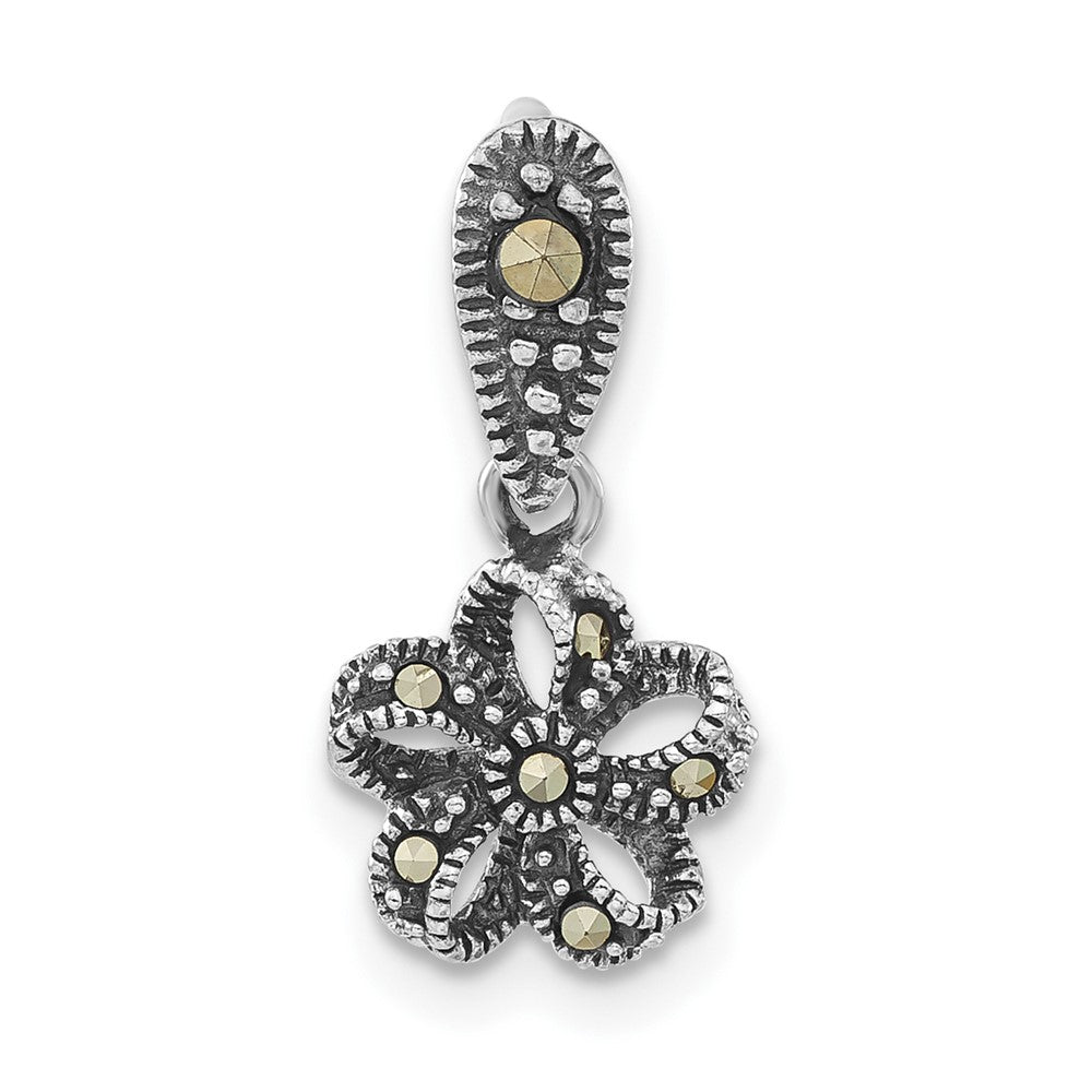 Sterling Silver Antiqued Marcasite Flower Pendant, 18.2 x 9 mm
