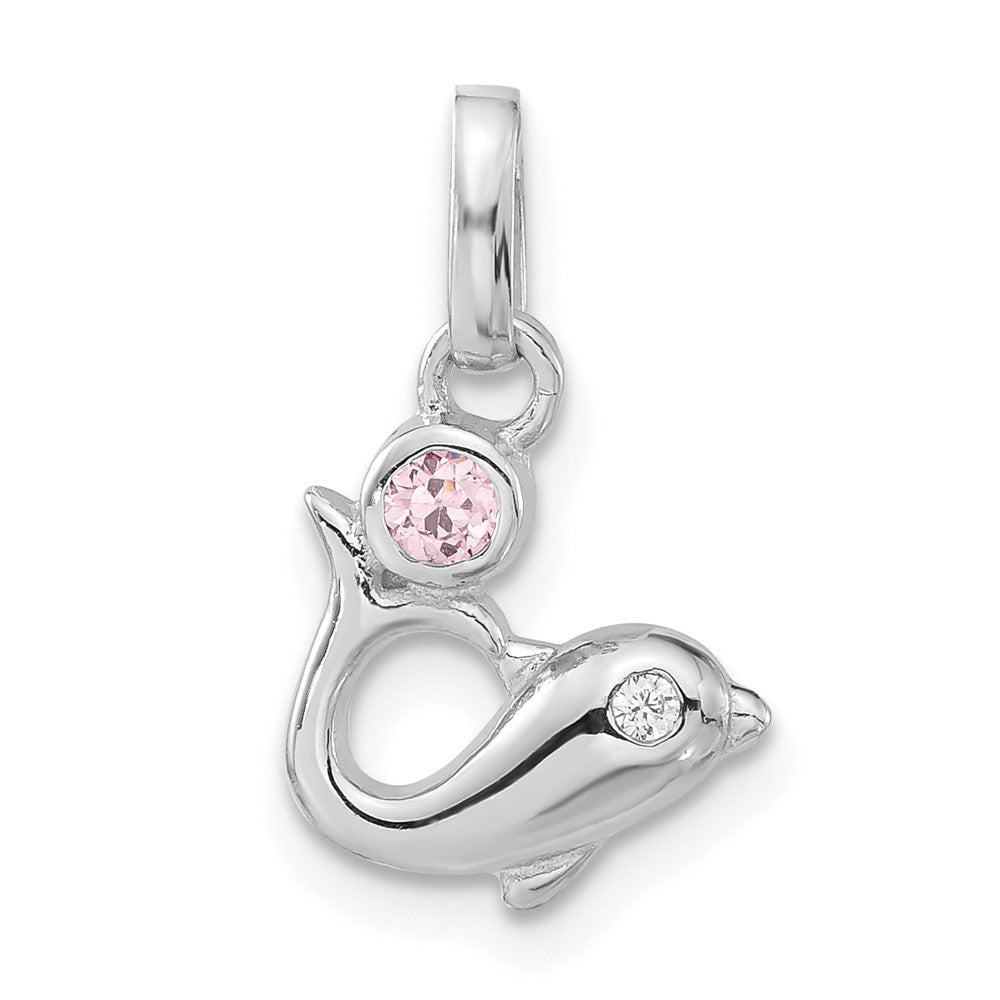Sterling Silver Polished Pink & Clear CZ Dolphin Pendant, 18 x 10.6 mm