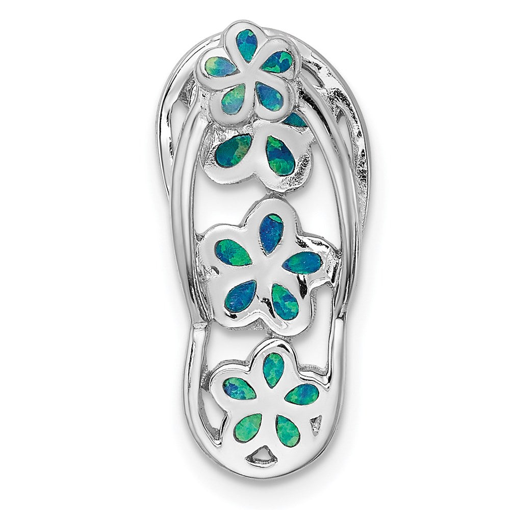 Sterling Silver Rhodium-plated Blue Created Opal Flip Flop Pendant Slide, 23.9 x 10.9 mm