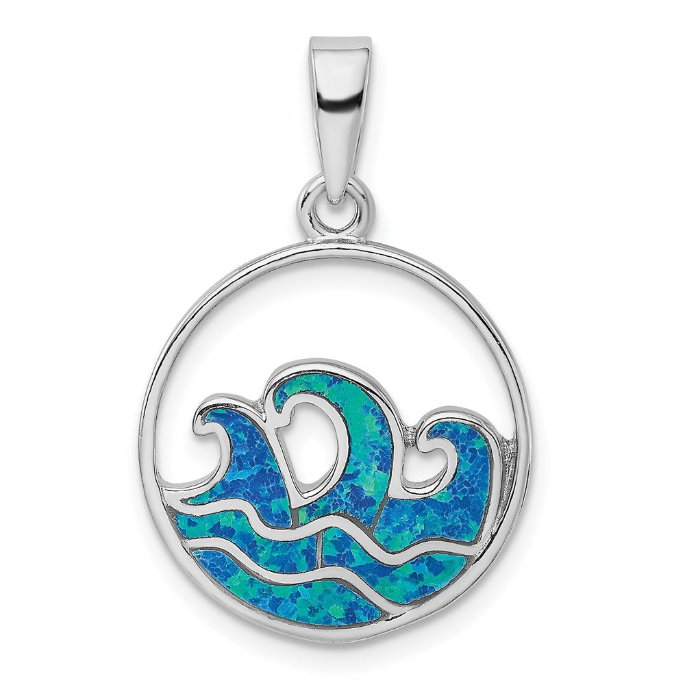 Sterling Silver Rhodium-plated Blue Created Opal Wave Pendant, 29.8 x 19.8 mm