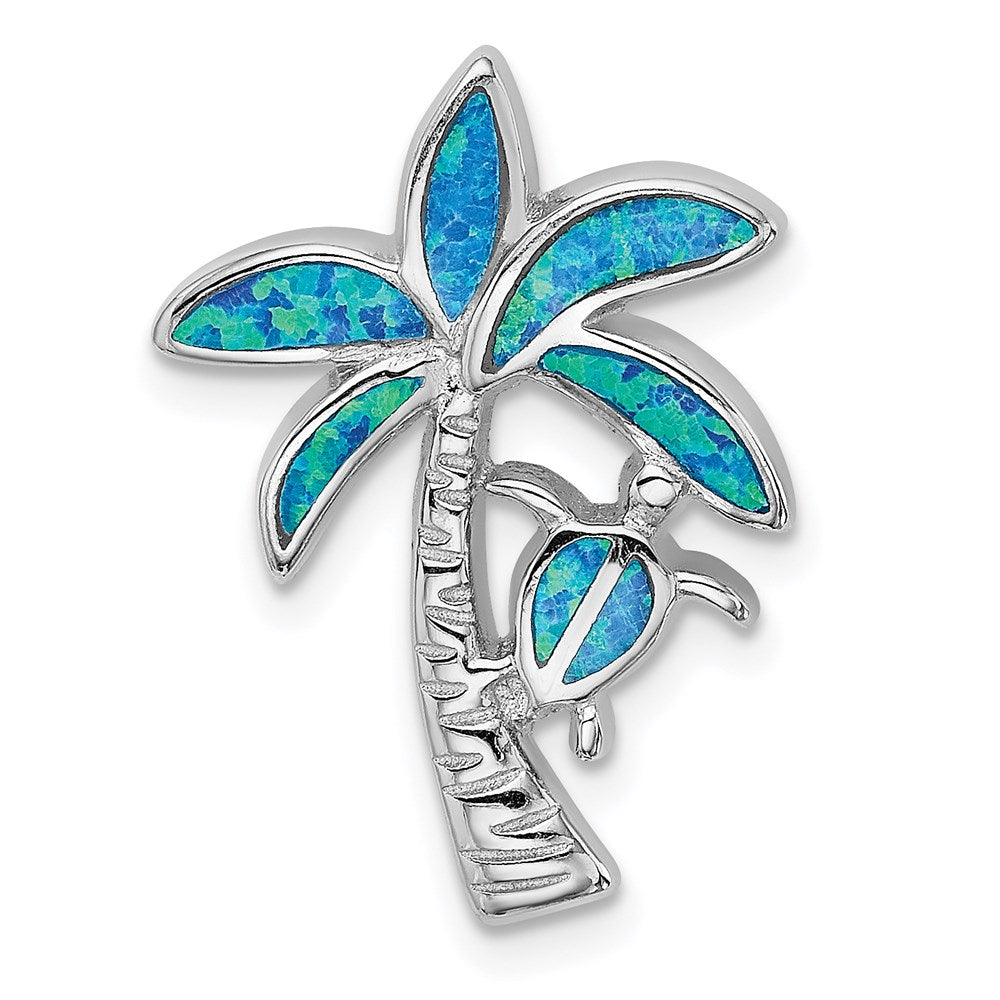 Sterling Silver Rhodium-plated Blue Inlay Created Opal Palm Tree Slide, 24.5 x 17.9 mm