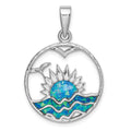 Sterling Silver Rhod-plated Blue Inlay Created Opal Sunrise Pendant, 33.4 x 21.9 mm