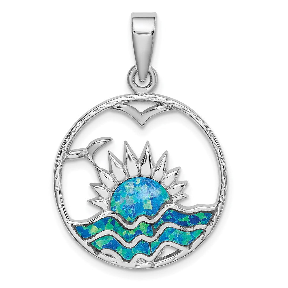 Sterling Silver Rhod-plated Blue Inlay Created Opal Sunrise Pendant, 33.4 x 21.9 mm