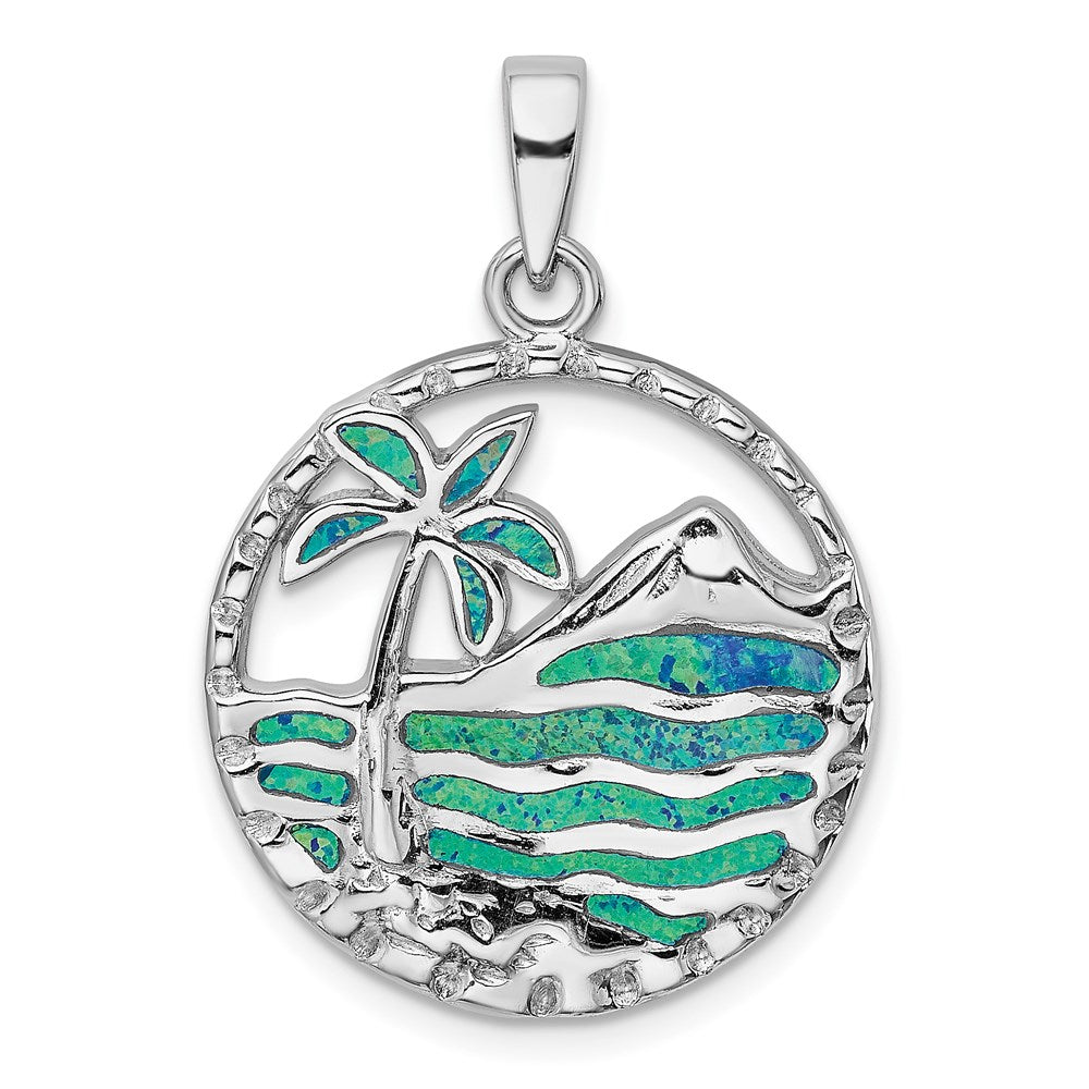 Sterling Silver Rhod-plated Created Opal Palm Tree Ocean Pendant, 33.9 x 24.2 mm