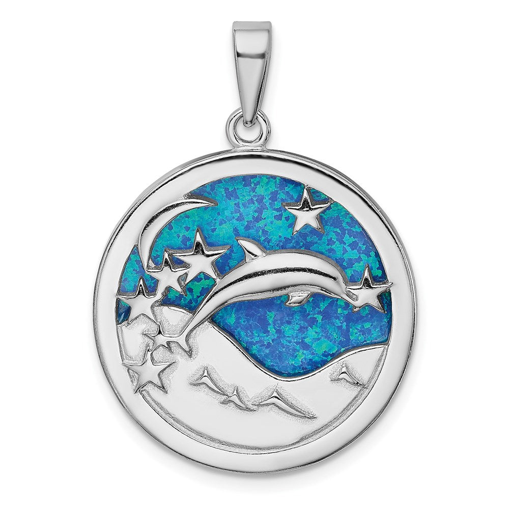 Sterling Silver Rhodium-plated Blue Created Opal Dolphins Pendant, 35.9 x 26.6 mm