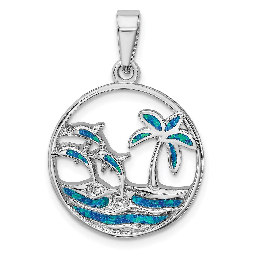 Sterling Silver Rhodium-plated Blue Created Opal Dolphins Pendant, 30.9 x 21.7 mm
