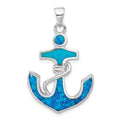 Sterling Silver Rhodium-plated Blue Created Opal Anchor Pendant, 37.7 x 23 mm