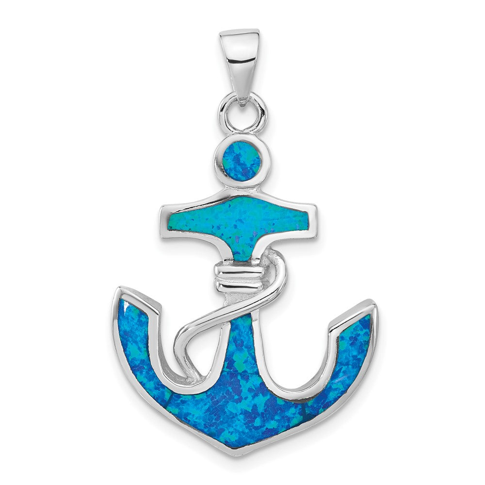 Sterling Silver Rhodium-plated Blue Created Opal Anchor Pendant, 37.7 x 23 mm