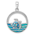 Sterling Silver Rhodium-plated Polished Blue Inlay Created Opal Turtle Pendant, 32.9 x 22.3 mm