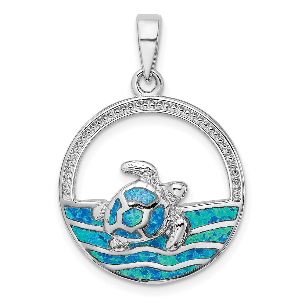 Sterling Silver Rhodium-plated Polished Blue Inlay Created Opal Turtle Pendant, 32.9 x 22.3 mm