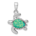 Sterling Silver Rhodium-plated Polished Green Inlay Created Opal Turtle Pendant, 28.1 x 18.5 mm