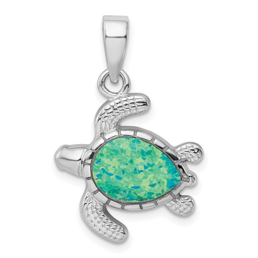 Sterling Silver Rhodium-plated Polished Green Inlay Created Opal Turtle Pendant, 28.1 x 18.5 mm