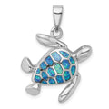 Sterling Silver Rhodium-plated Polished Blue Inlay Created Opal Turtle Pendant, 30.1 x 25.2 mm