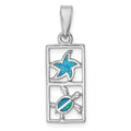 Sterling Silver Rhodium-plated Polished Blue Created Opal Starfish and Turtle Rectangle Pendant, 29.7 x 10.4 mm