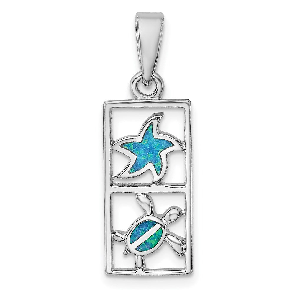 Sterling Silver Rhodium-plated Polished Blue Created Opal Starfish and Turtle Rectangle Pendant, 29.7 x 10.4 mm