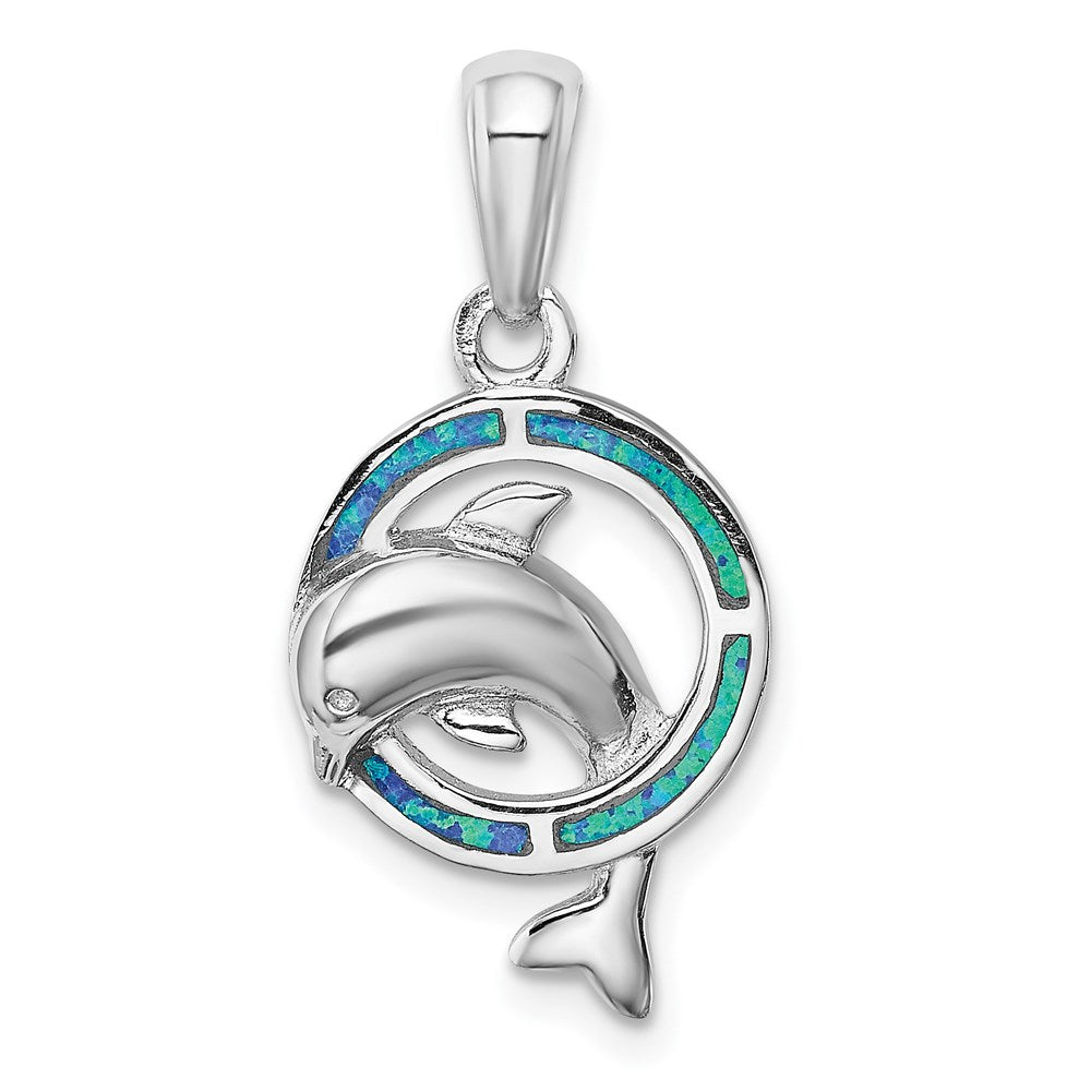 Sterling Silver Rhodium-plated Blue Inlay Created Opal Dolphin Pendant, 27 x 14.1 mm